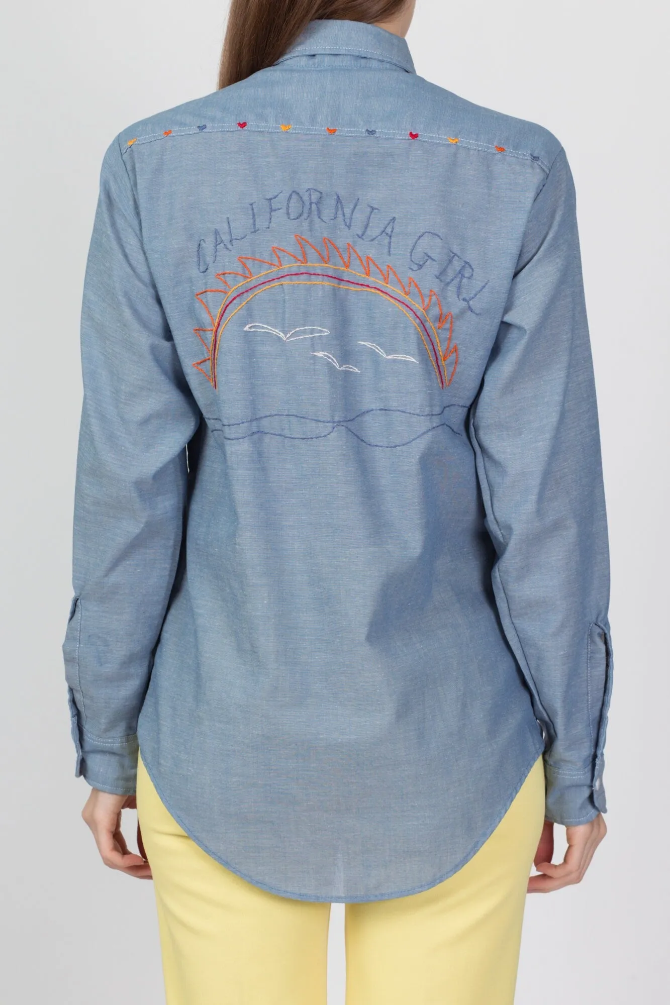 70s California Girl Chambray Embroidered Shirt - Medium