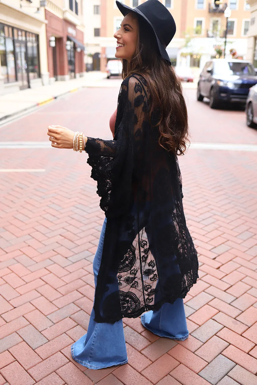 Boho Babe Bell Sleeve Lace Kimono Duster - Black