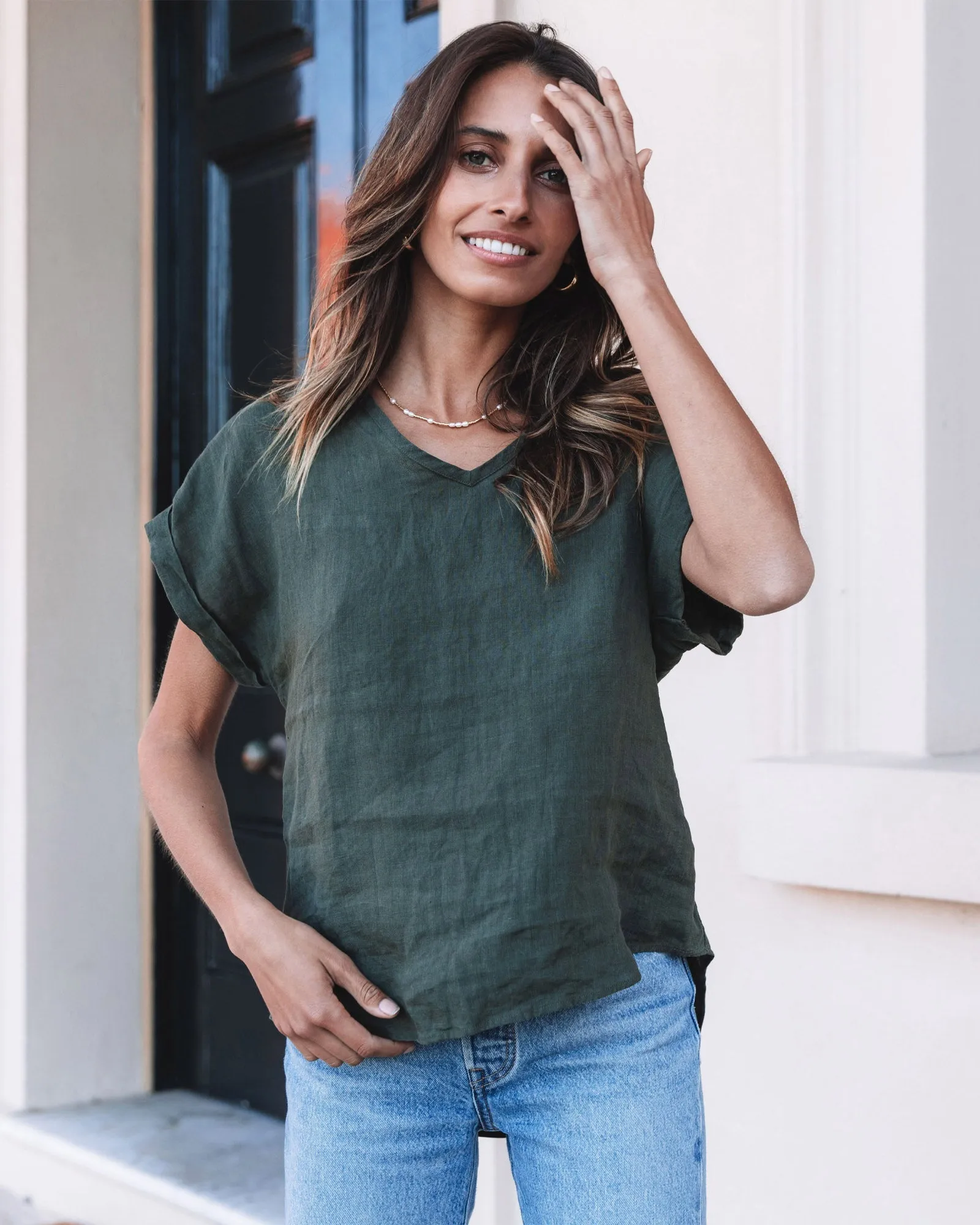 Martina Olive Green Sand Washed Linen T-Shirt